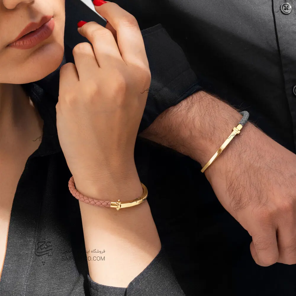 دستبند چرم زنانه با پلاک طلا طرح LOCK تیفانی