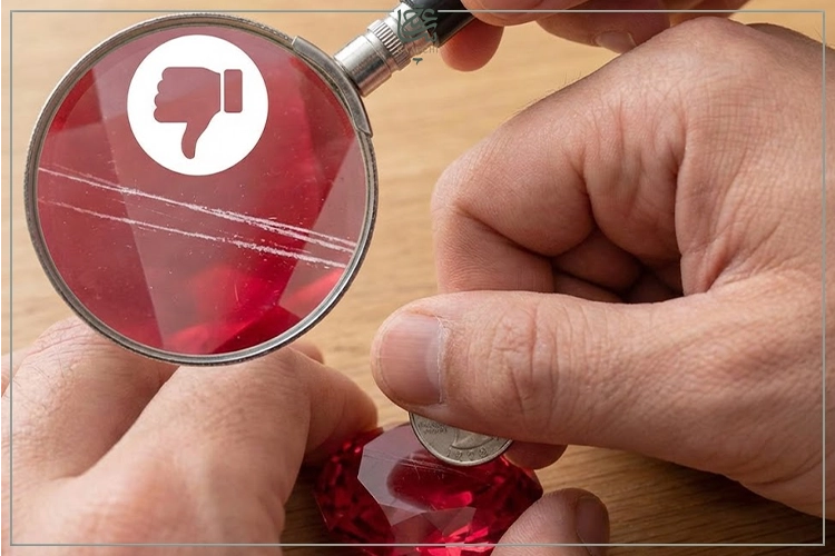 خراشیدن سطح یاقوت با سکه برای تشخیص اصل بودن