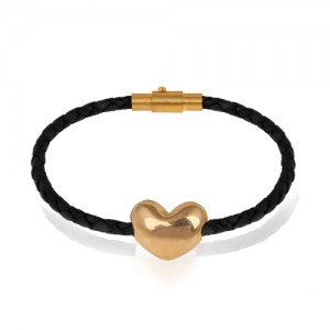 دستبند چرم با پلاک طلا طرح قلب دورو کد XB963