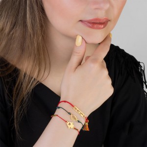 دستبند سنگ و بافت زنانه با پلاک طلا طرح برگ کد XB980