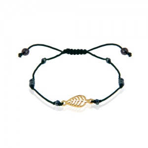 دستبند سنگ و بافت زنانه با پلاک طلا طرح برگ کد XB980