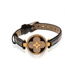 دستبند چرم ساعتی با پلاک طلا طرح لویی ویتون کد XB810