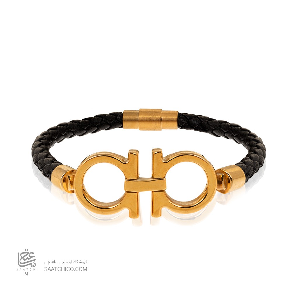 دستبند چرم مردانه با پلاک طلا طرح فراگامو کد MB146