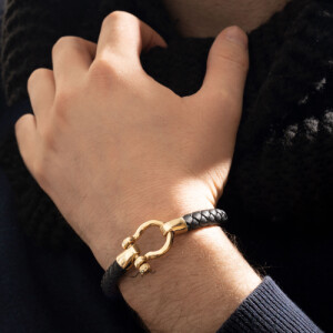 دستبند چرم مردانه با پلاک طلا کد MB151