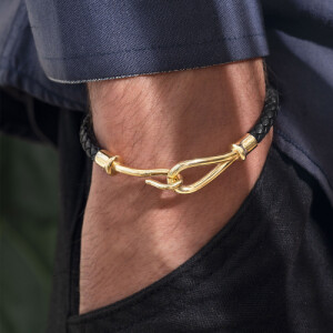 دستبند چرم مردانه با پاک طلا طرح قلاب کد MB172
