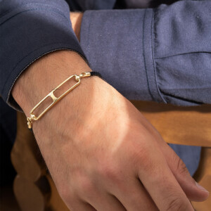 دستبند چرم مردانه با پلاک طلا طرح هرمس کد MB173