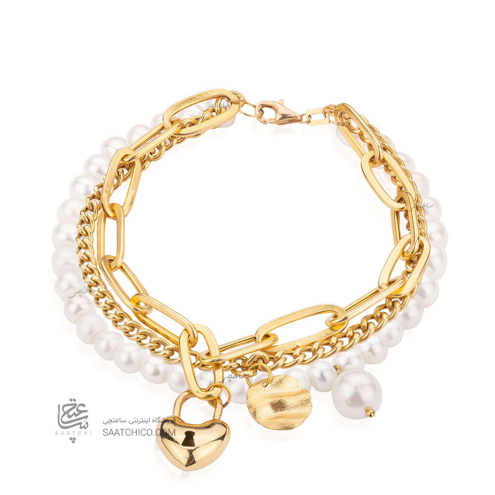 دستبند چندلایه طلا طرح زنجیر و مروارید کد XB619