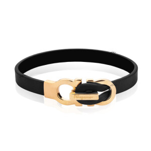 دستبند چرم مردانه با پلاک طلا طرح فراگامو کد MB174
