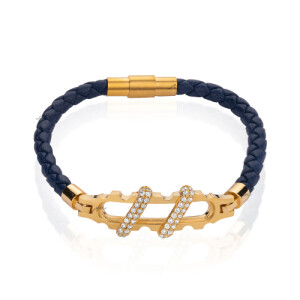 دستبند چرم زنانه با پلاک طلا طرح دنده ای کد XB622