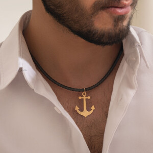 گردنبند چرم مردانه با پلاک طلا طرح لنگر کد MN705