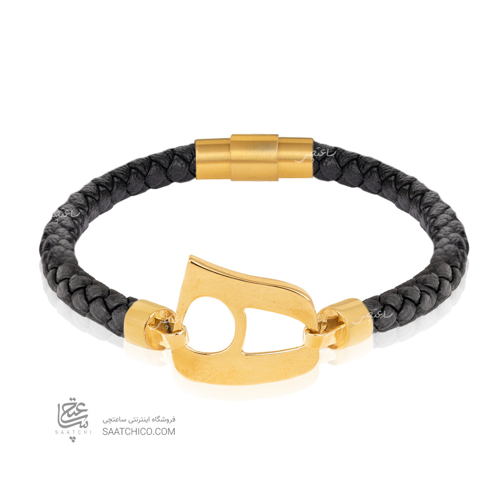 دستبند چرم مردانه با پلاک طلا طرح نیمانی کد MB177