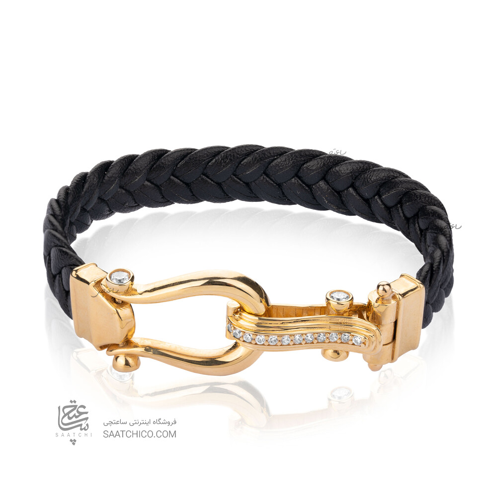 دستبند چرم زنانه با پلاک طلا طرح فرد کد XB625