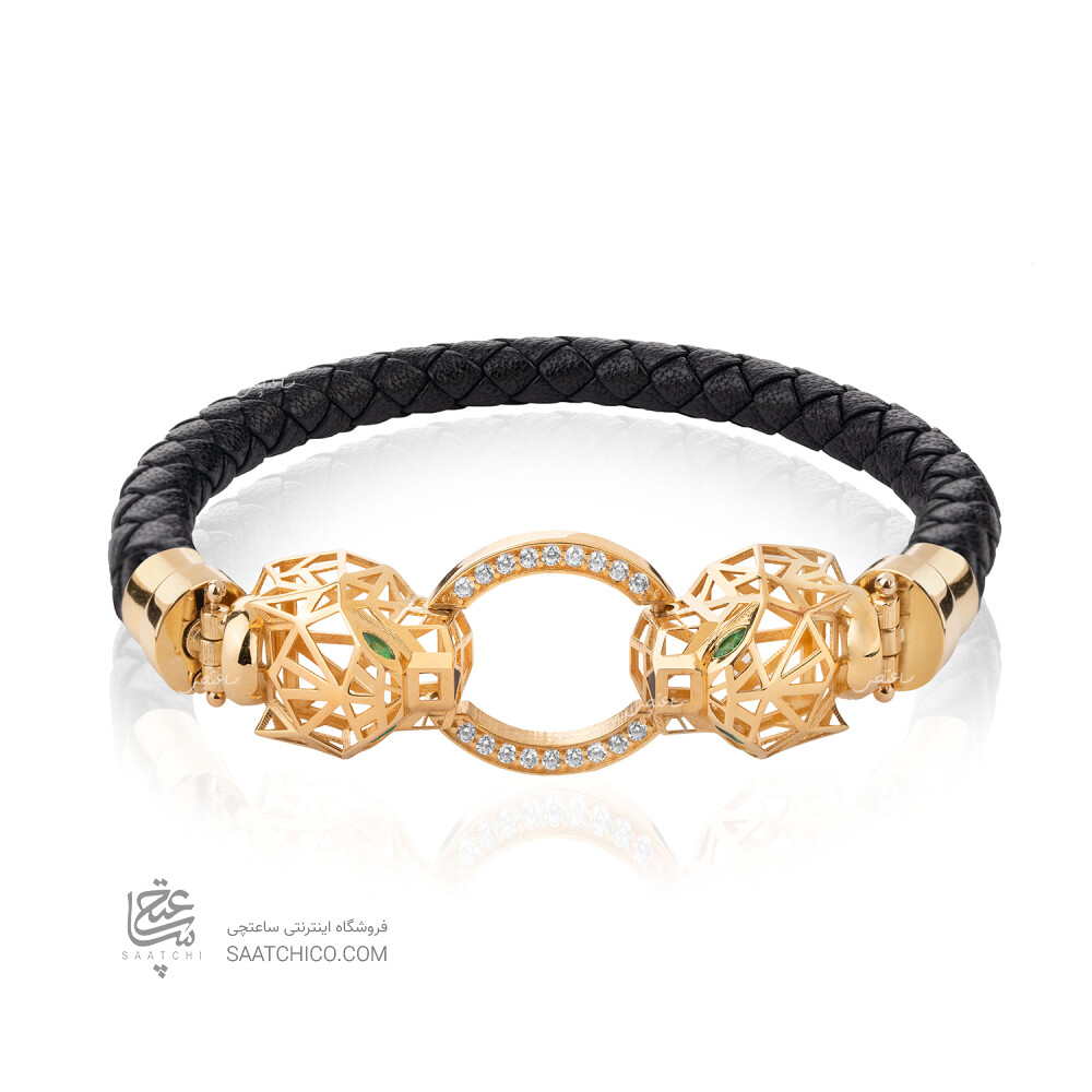 دستبند چرم زنانه با پلاک طلا طرح پنتر کارتیه کد XB626