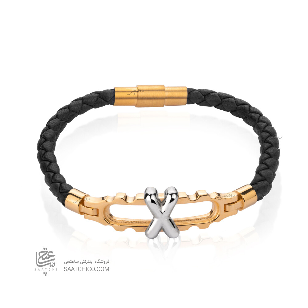 دستبند چرم زنانه با پلاک طلا طرح دنده ای کد XB627