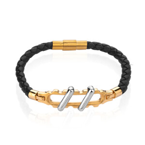 دستبند چرم زنانه با پلاک طلا طرح دنده ای کد XB628