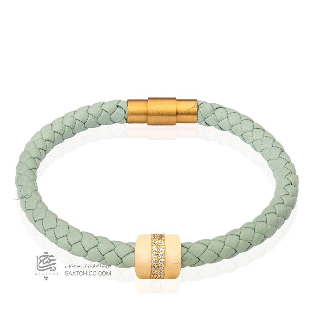 دستبند چرم با پلاک طلا طرح ولورا کد XB687