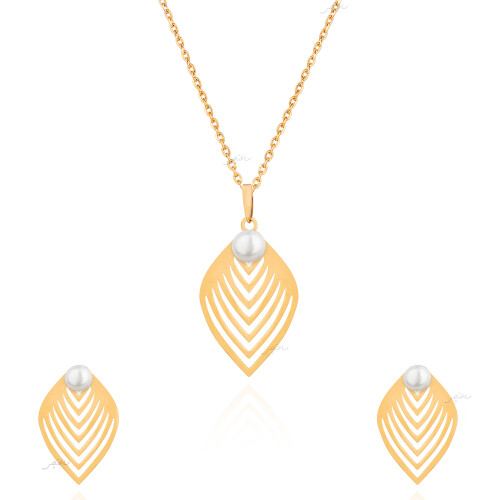 نیم ست طلا بدون زنجیر طرح برگ و مروارید کد XS255