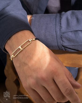 دستبند چرم مردانه با پلاک طلا طرح هرمس
